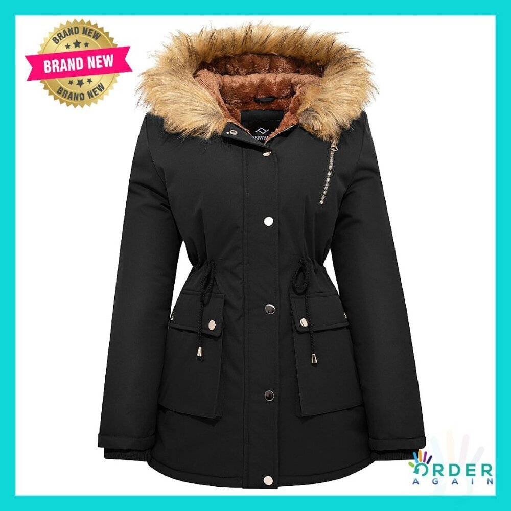 Water-Repellent Puffer Parka Fleece Lined Faux Fur Hood Chic Winter Coat
